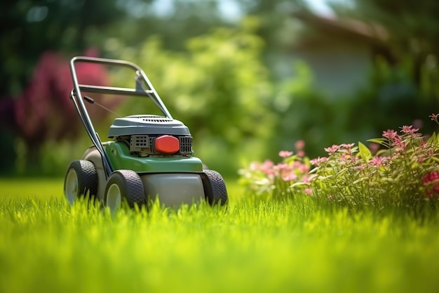 Cortador de grama na grama verde exuberante Generative AI