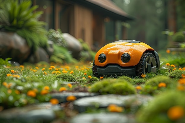 Cortador de grama robô no gramado no jardim de uma casa privada