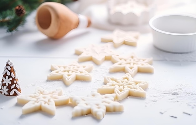 cortadores de biscoitos de Natal e massa de pão de gengibre cozinhando em branco