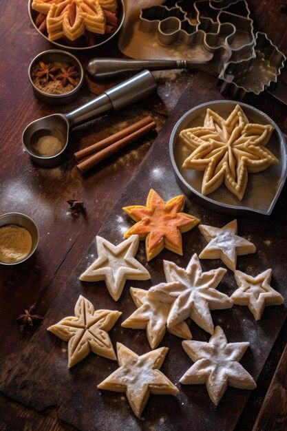 Cortadores de galletas en forma de estrella en una mesa de madera con harina creada con ai generativo