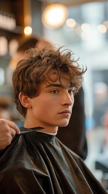 Cortándose el cabello en una barbería un joven