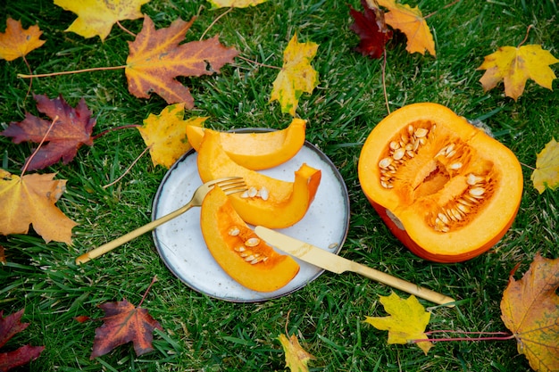 Cortar la calabaza en un plato con cubiertos sobre la hierba verde