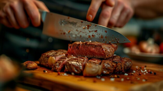 Foto cortar com um bife de carne na madeira com a mão segurando uma faca cortando um bife suculento