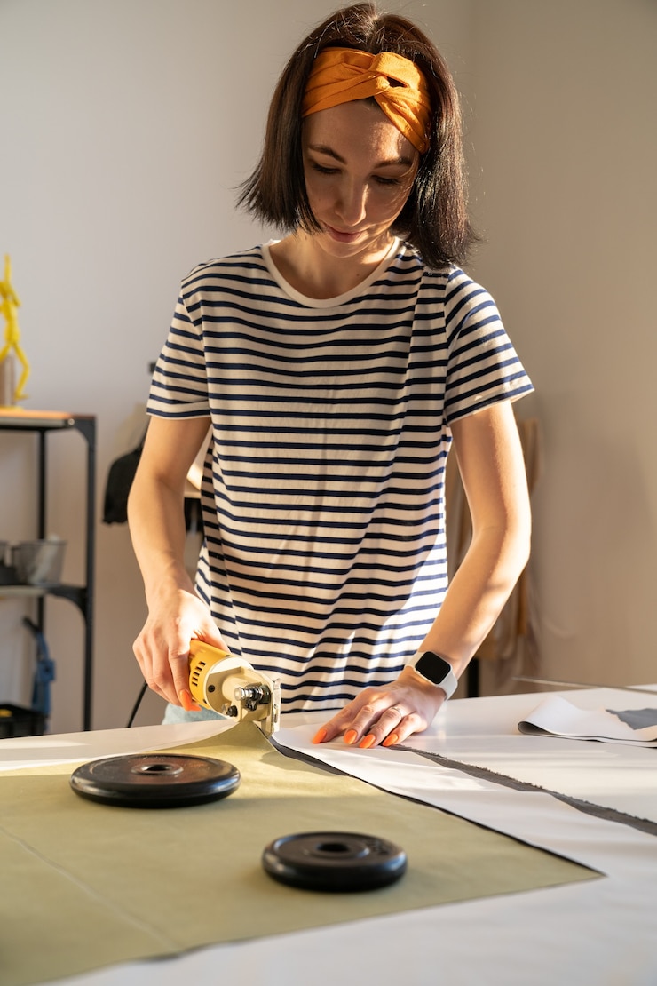 Foto cortar y coser en el estudio de sastrería alcantarillado joven trabaja con tela en el taller de diseño studio