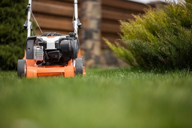 Cortar hierba verde en un soleado día de primavera con una nueva cortadora de césped