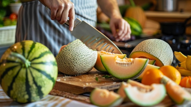 Foto cortar melones y otras frutas en tabla de cortar