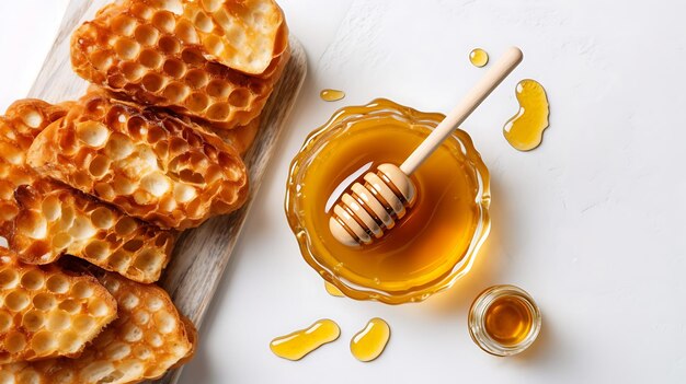 Cortar pão trançado recém-cozido mel e manteiga em mesa de madeira branca Ai Generative