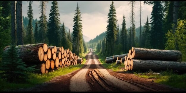 Cortar troncos de árvores na estrada na floresta