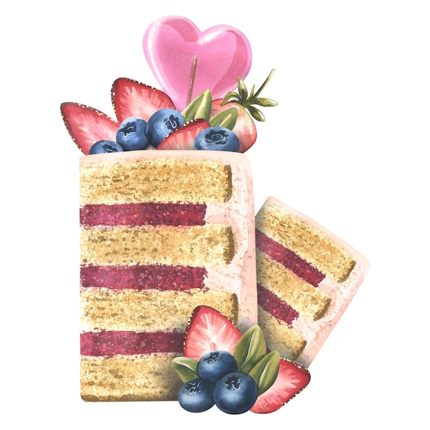 Cortar trozos de pastel decorados con una piruleta en forma de corazón fresas y arándanos Ilustración de acuarela Una composición de un gran conjunto de DULCES Para el diseño y diseño del logotipo del menú