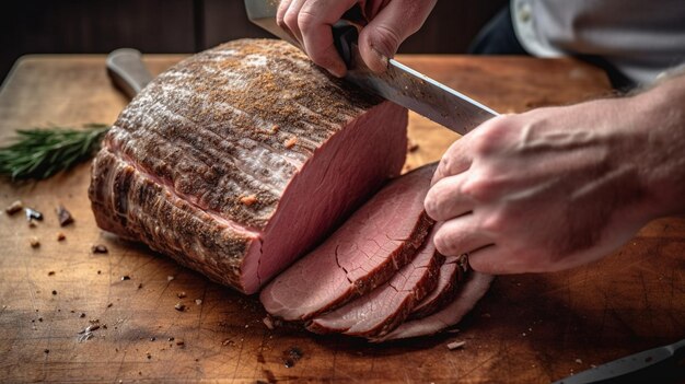 Foto cortar uma porção de peito de carne assada