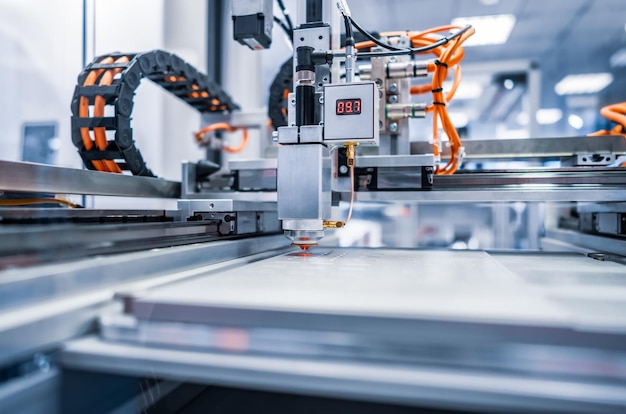 Corte a laser CNC de metal, tecnologia industrial moderna. Profundidade de campo pequena. Aviso - tiro autêntico em condições desafiadoras.