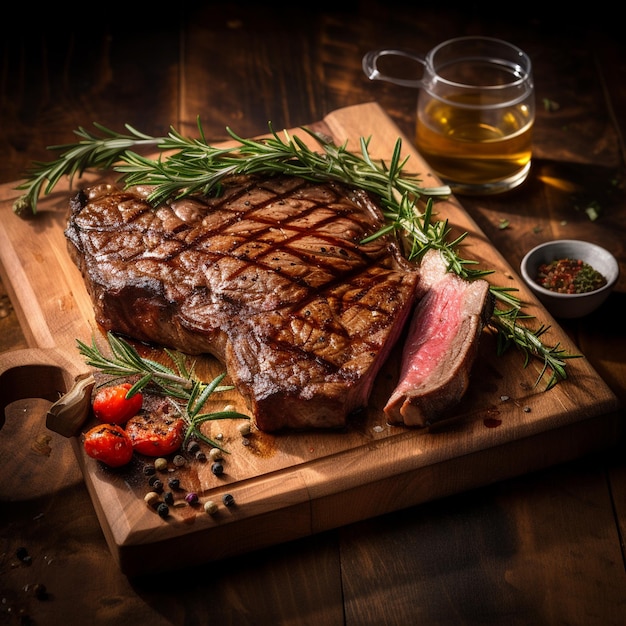 Un corte de bistec recién asado a la parrilla servido en una tabla de madera