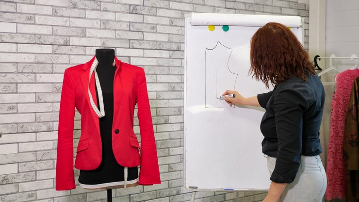 Foto corte y costura de ropa artesanal. modista dibuja un patrón de chaqueta en una pizarra blanca en el taller de costura. diseñador de ropa crea un nuevo modelo de chaqueta. mujer en el trabajo en el negocio de la confección.