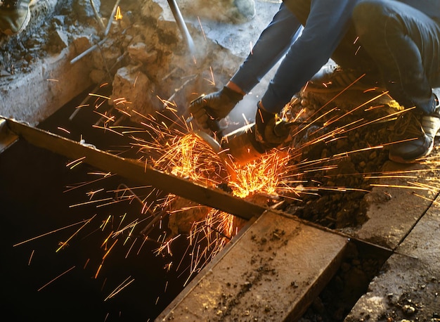 Corte de armaduras metálicas em concreto armado Faíscas devido ao atrito com o metal Trabalho de desmontagem