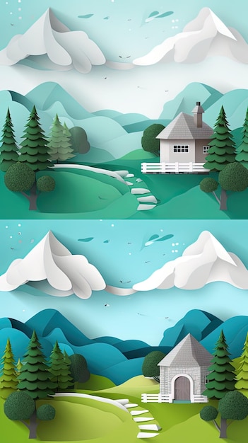 Corte de papel 3d vertical, paisagem de floresta, estilo de corte de papel de montanha, ilustração de cena de paisagem natural