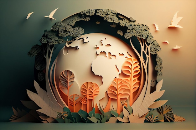 Corte de papel arte da terra com árvores e pássaros um conceito de ecologia