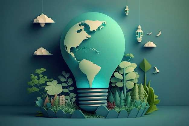 Corte de papel da lâmpada com eco cidade verde Energia renovável até 2050 Energia neutra em carbono ou emissão de gases de efeito estufa CO2 Economize energia conceito de ideia criativa