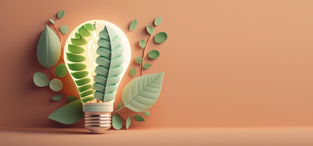 Corte de papel de lâmpada ecológica com folhas verdes Conceito de energia sustentável Generative AI