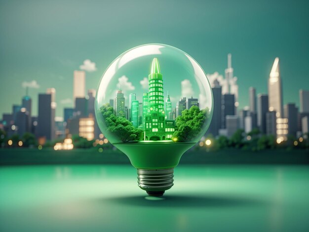 Corte de papel de uma lâmpada com uma eco-cidade verde no interior Conceito de energia renovável Generative Ai