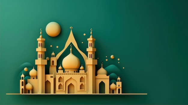 Corte de papel de uma mesquita com uma lua crescente sobre um fundo verde.