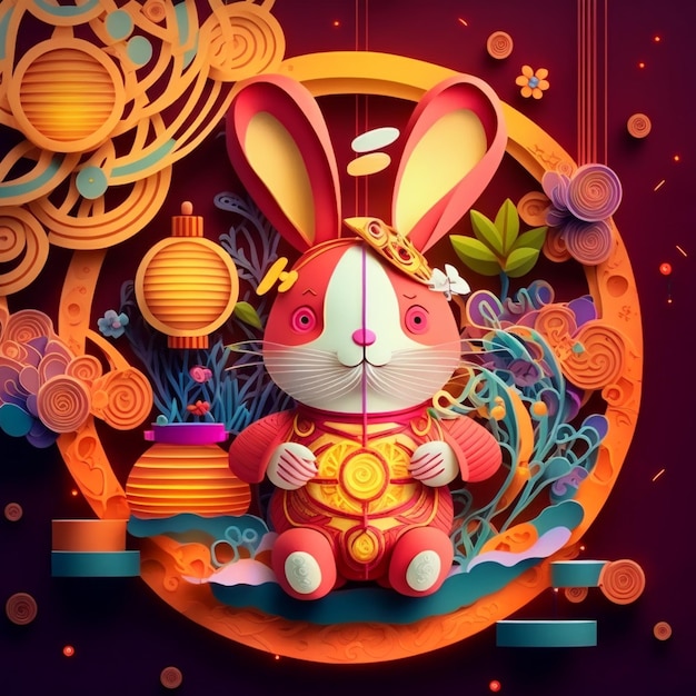 Corte de papel quilling multidimensional estilo chinês bonito coelho do zodíaco com lanternas florescendo flor de pêssego no fundo ano novo chinês Conceito de ano novo lunar 2023