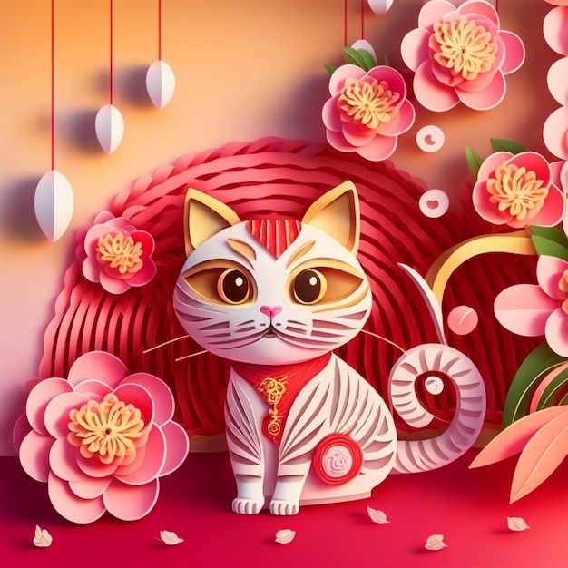 Corte de papel quilling multidimensional estilo chinês bonito gato do zodíaco com lanternas florescem flor de pêssego no fundo ano novo chinês Conceito de ano novo lunar 2023