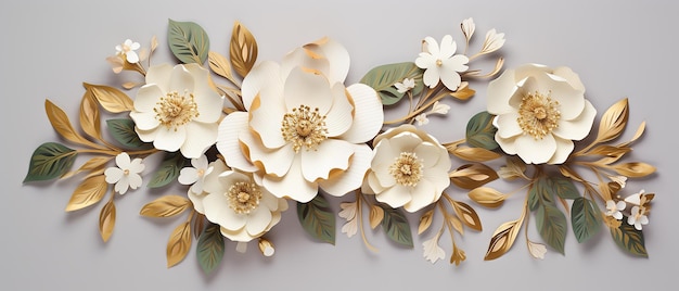 El corte de flores de papel de flor dorada con elegantes acentos dorados