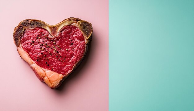 Un corte en forma de corazón de carne cruda sobre un telón de fondo colorido con colores contrastantes