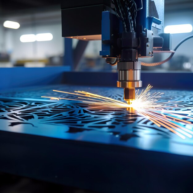 Corte láser CNC de metal con chispa de luz.