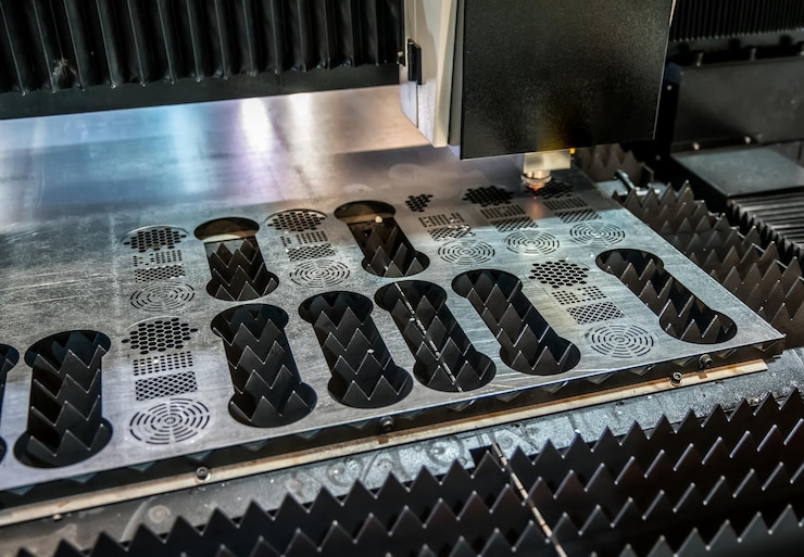 Foto corte láser cnc de metal, tecnología industrial moderna. pequeña profundidad de campo. advertencia: disparos auténticos en condiciones difíciles. un poco de grano y tal vez borrosa.