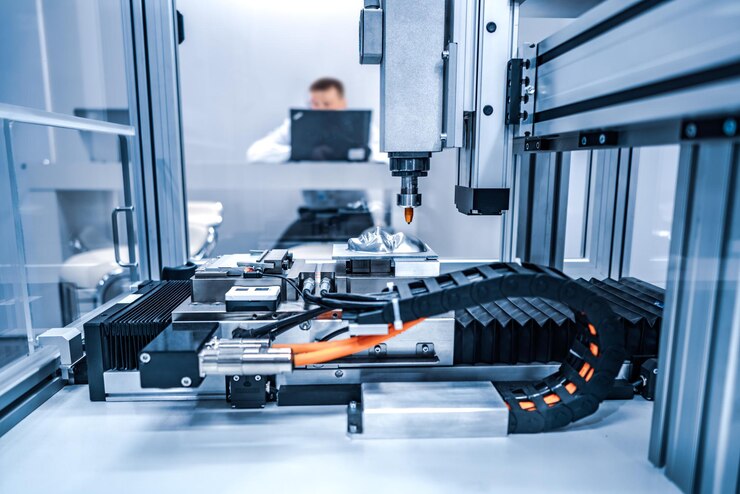 Foto corte láser cnc de metal, tecnología industrial moderna. pequeña profundidad de campo. advertencia: disparos auténticos en condiciones difíciles.
