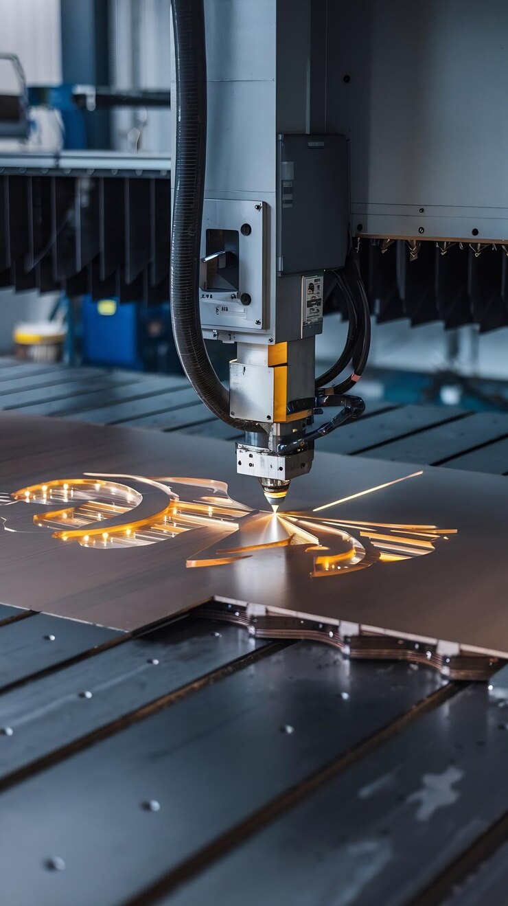 Foto el corte por láser cnc de metales es una tecnología industrial moderna que hace detalles industriales.