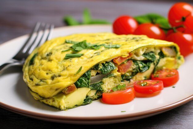 Corte metade de uma omelete vegetariana em um prato para mostrar o recheio