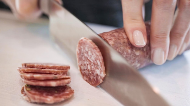 Corte o salame em anéis finos em uma tábua branca.