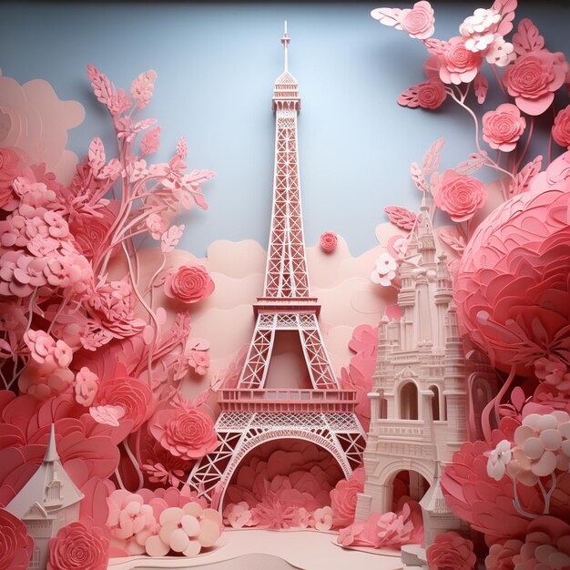 corte de papel araffe de una torre eiffel rosa rodeada de flores rosadas ai generativo