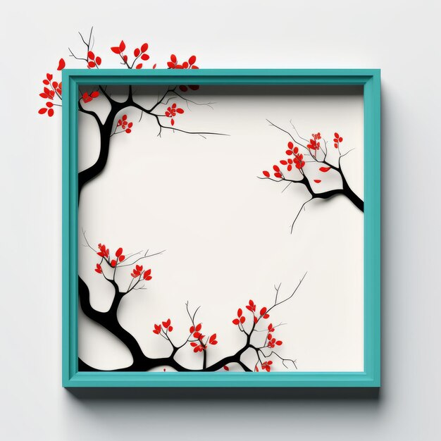 Foto un corte de papel de un árbol con flores rojas en un marco azul