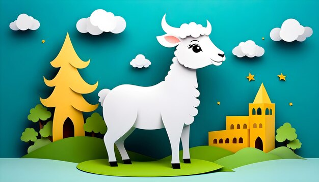Foto el corte de papel de dibujos animados 3d de ovejas lindas