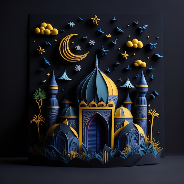 Un corte de papel de una mezquita con una luna y estrellas.