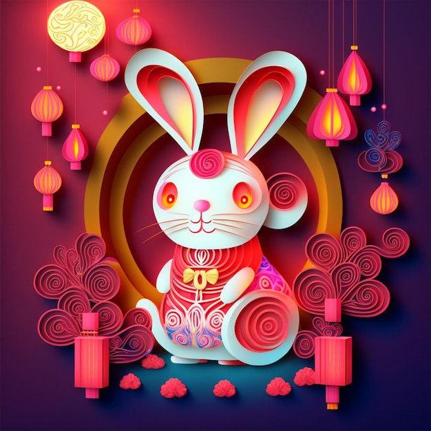 Foto corte de papel quilling estilo chino multidimensional lindo conejo zodiaco con linternas flor flor de durazno en el fondo año nuevo chino concepto de año nuevo lunar 2023