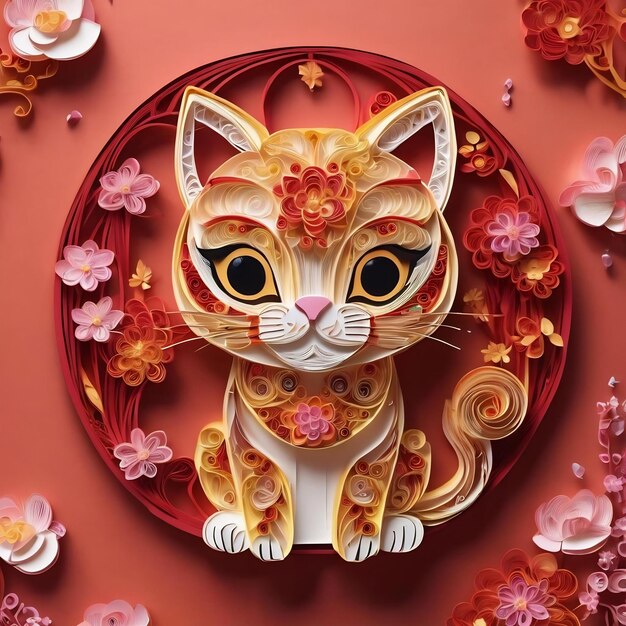 Foto el corte de papel quilling de estilo chino multidimensional lindo gato del zodiaco con linternas flor de flor de melocotón