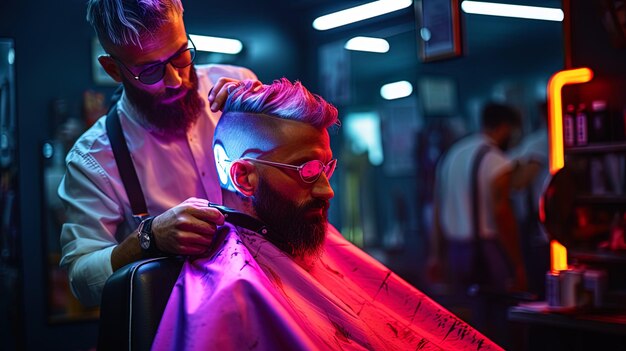 Foto un corte de pelo en una barbería de neón modernización y estética