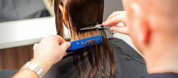 Corte de pelo largo y húmedo de una joven caucásica por un peluquero masculino en una peluquería vista posterior