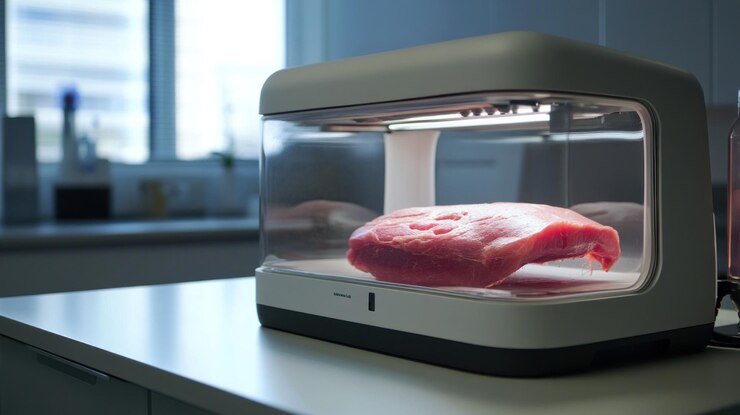 El corte de precisión de la carne fresca se exhibe en un aparato transparente de conservación de alimentos en un entorno de laboratorio interior de cocina moderna