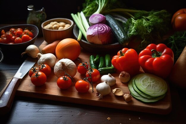 un corte de verduras en una tabla de cortar publicidad profesional fotografía de alimentos