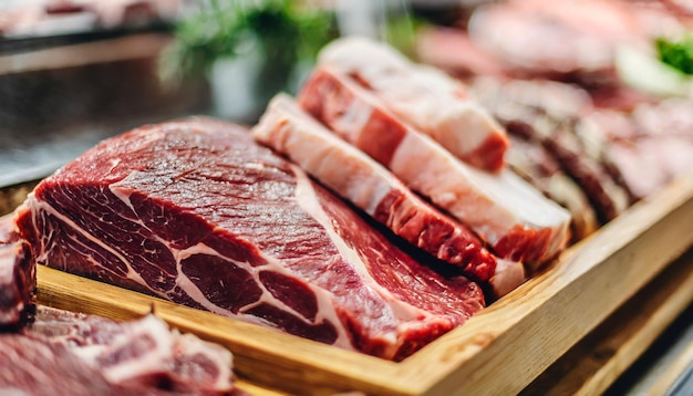 cortes de carne bellamente dispuestos en una bandeja de madera que muestra frescura y variedad en una carnicería