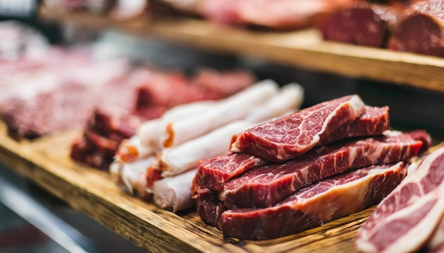 cortes de carne bellamente dispuestos en una bandeja de madera que muestra frescura y variedad en una carnicería