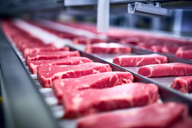 Foto cortes de carne cruda en un transportador industrial