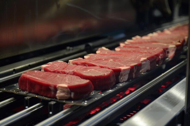 Cortes de carne crua em uma correia transportadora fatias de máquinas industriais