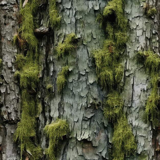 Corteza de árbol viejo gris natural con musgo verde y líquenes patrón sin costuras musgo en la corteza textura de fondo ilustración generativa de IA