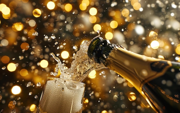 Cortiça de champanhe explodindo no ar contra um pano de fundo de decorações de Ano Novo brilhantes